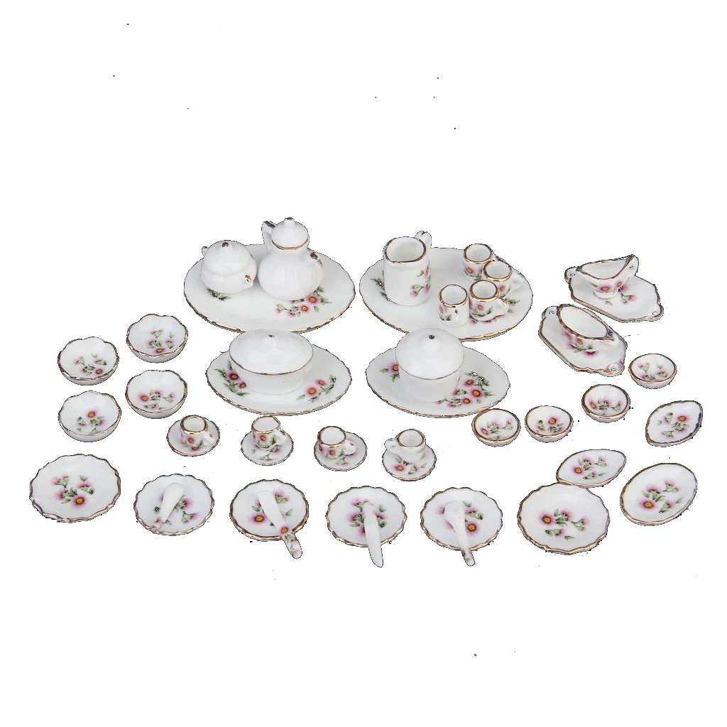 1:12 Dollhouse Daisy Floral Porcelain Dining Ware Tea Set Dish Cup 50pcs