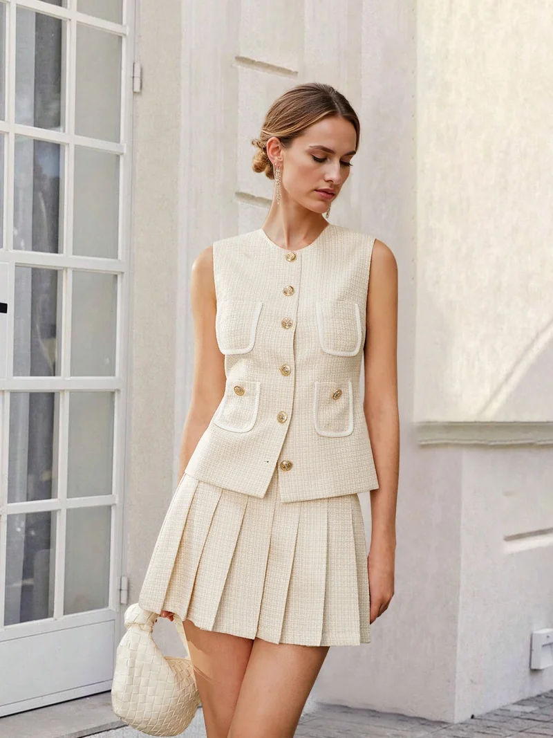 Elegante Grid Print 2-teilige Sets Frauen Outfit Sommer Kleidung Frauen Ärmelloses Top Mini Rock Sets OL Stil Zwei Stücke Kleid Sets