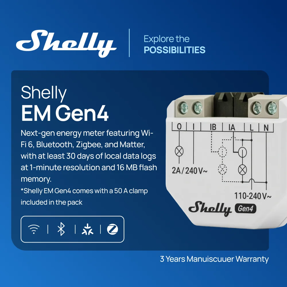 Shelly EM Gen4 Zigbee Domotica WiFi Smart Energy Matter Contactor Control Internal Memory Measurement And Configurable Alarm
