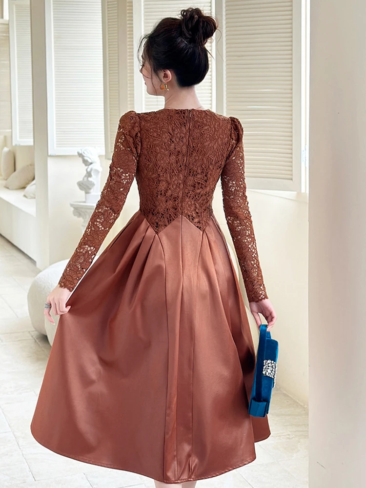 Prom Party Elegante Frauen Retro Braun Spitze Splic V-ausschnitt Falten A-Line Midi Kleid Formale Süße Dating Dame Robe Vestidos Casual Neue