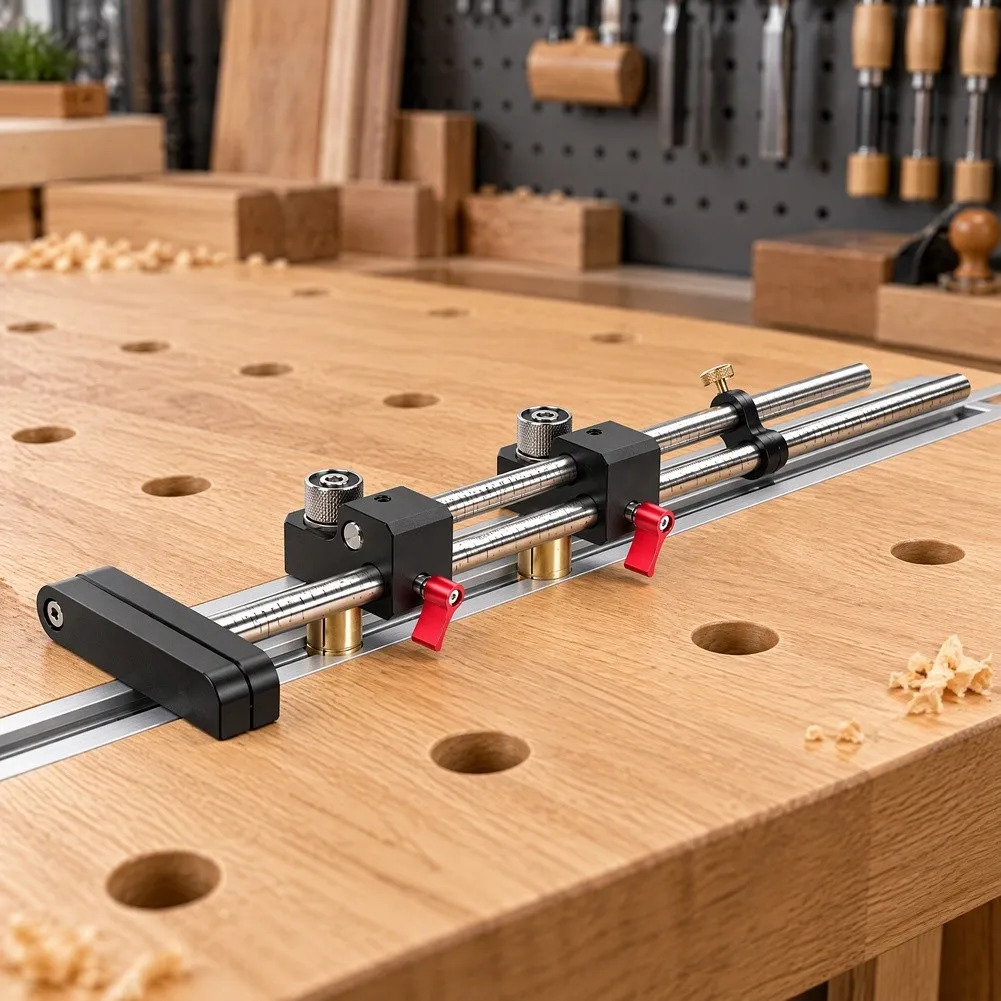 Track Saw Repeat Stop With Clear Scale For Precise Equal Length Cuts On Woodworking Tables And Guide Rails
