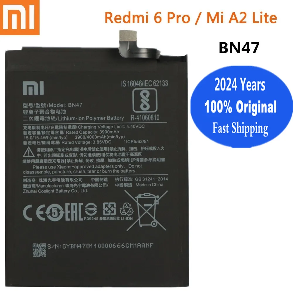 

2024 Years Xiao mi Original BN47 Battery For Xiaomi Redmi 6 Pro 6Pro / Mi A2 Lite 4000mAh Phone Bateria Batterie Batteries