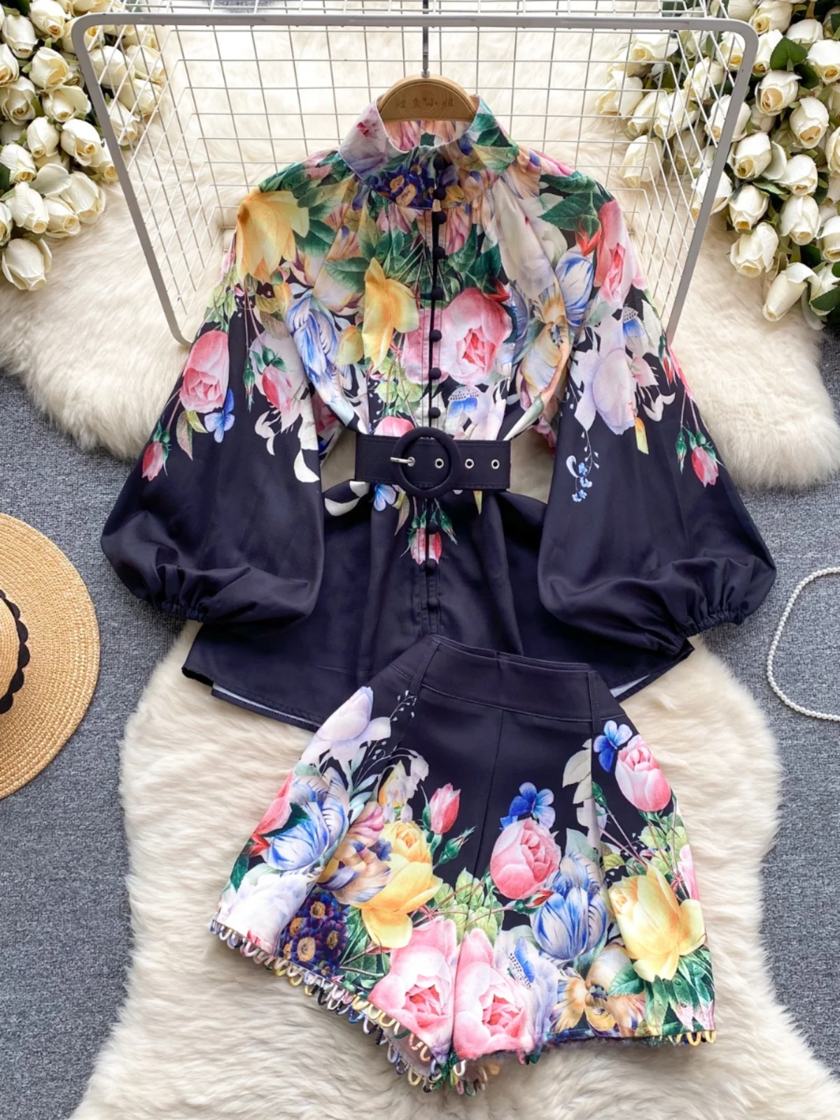 Spring Collection Court Style Women's Fashion Set with Stand Collar Shirt And Wide Leg Shorts Two Piece Set Versatile And Sty...