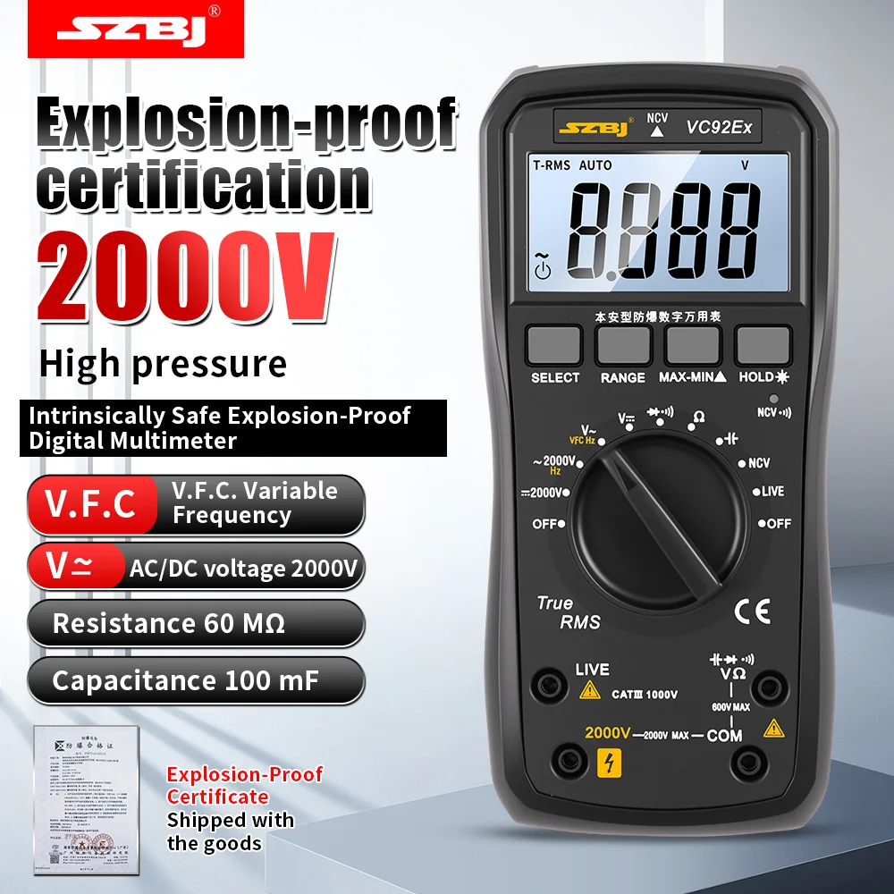 SZBJ VC92Ex 2000V Explosion-Proof Digital Multimeter True RMS VFC NCV Resistance Capacitance Tester for Electricians
