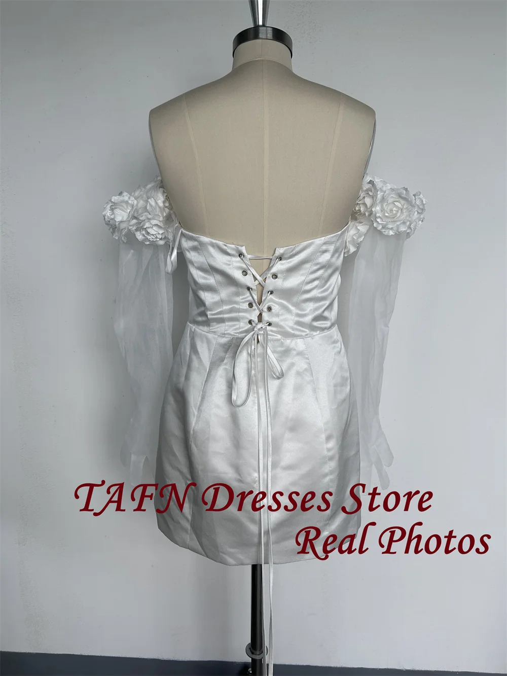 TAFN Real Photos Handmade Flowers Short Wedding Dresses Detachable Sleeves Mini Bridal Gown Satin свадебное платье Lace-up image 4