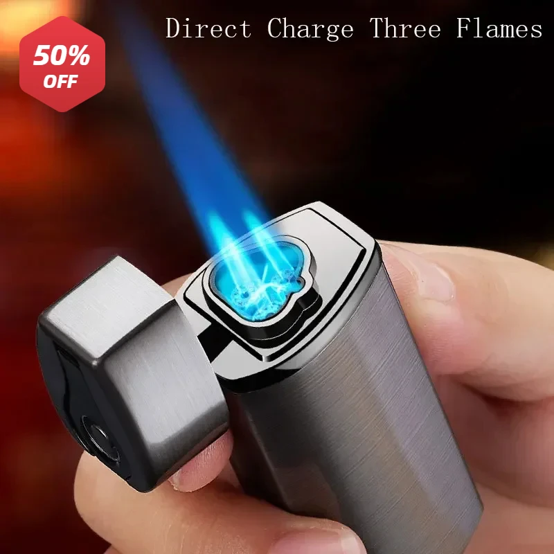 Triple Jet Torch Metal Lighter Cigar Flame Lighter Adjustable Windproof Refillable Butane Electric Lighter Smoking Accessories