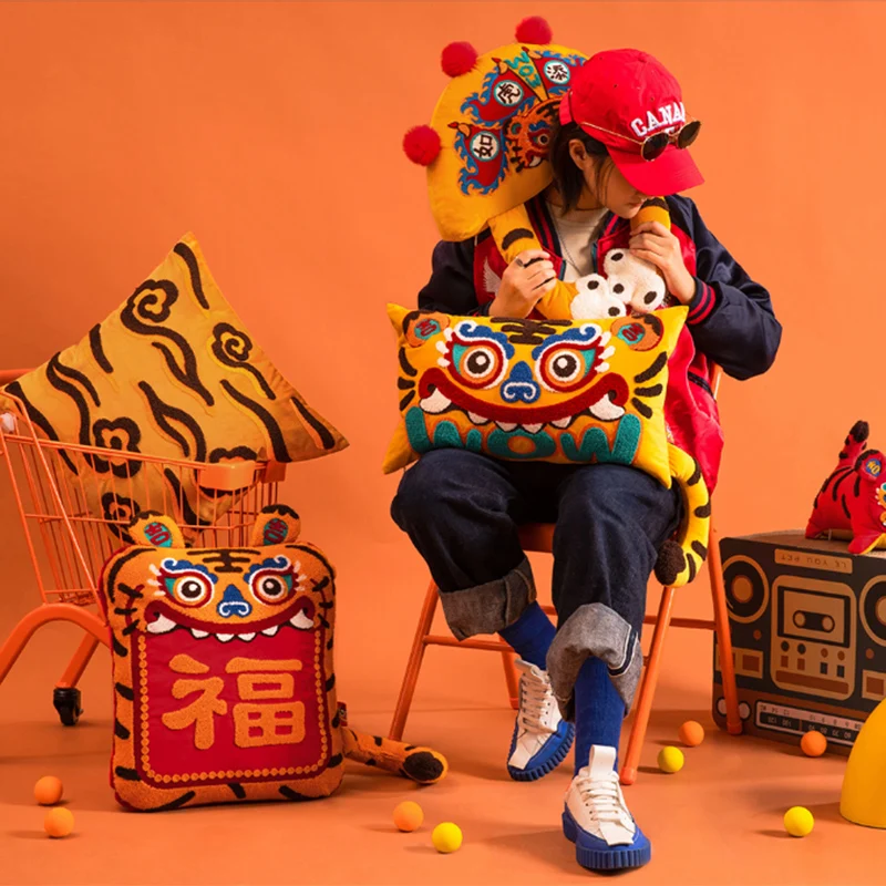 Joy Chinese Traditional Dance Lion Embroidery Cushion Year Of Tiger Sofa Chair Decorative Stuffed Pillow Happy Lucky Cushion