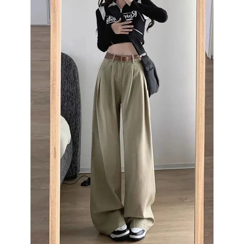 

Retro Mopping Khaki Denim Girls Spring and Autumn 2025 New High-waist Loose Straight Slimming Wide-leg Pants