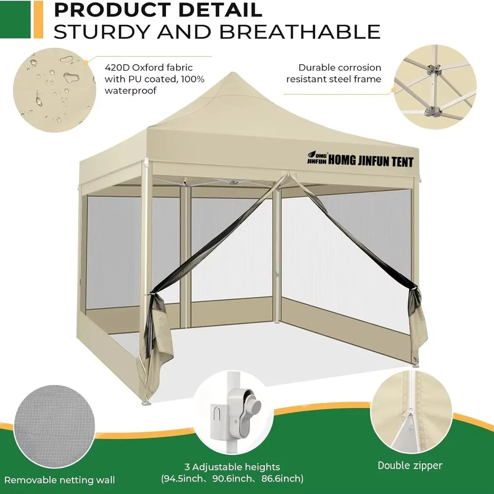 4-Wall Pop Up Canopy Tent 10x10 Portable Waterproof Outdoor Shelter with Mosquito Netting Adjustable Height for Camping