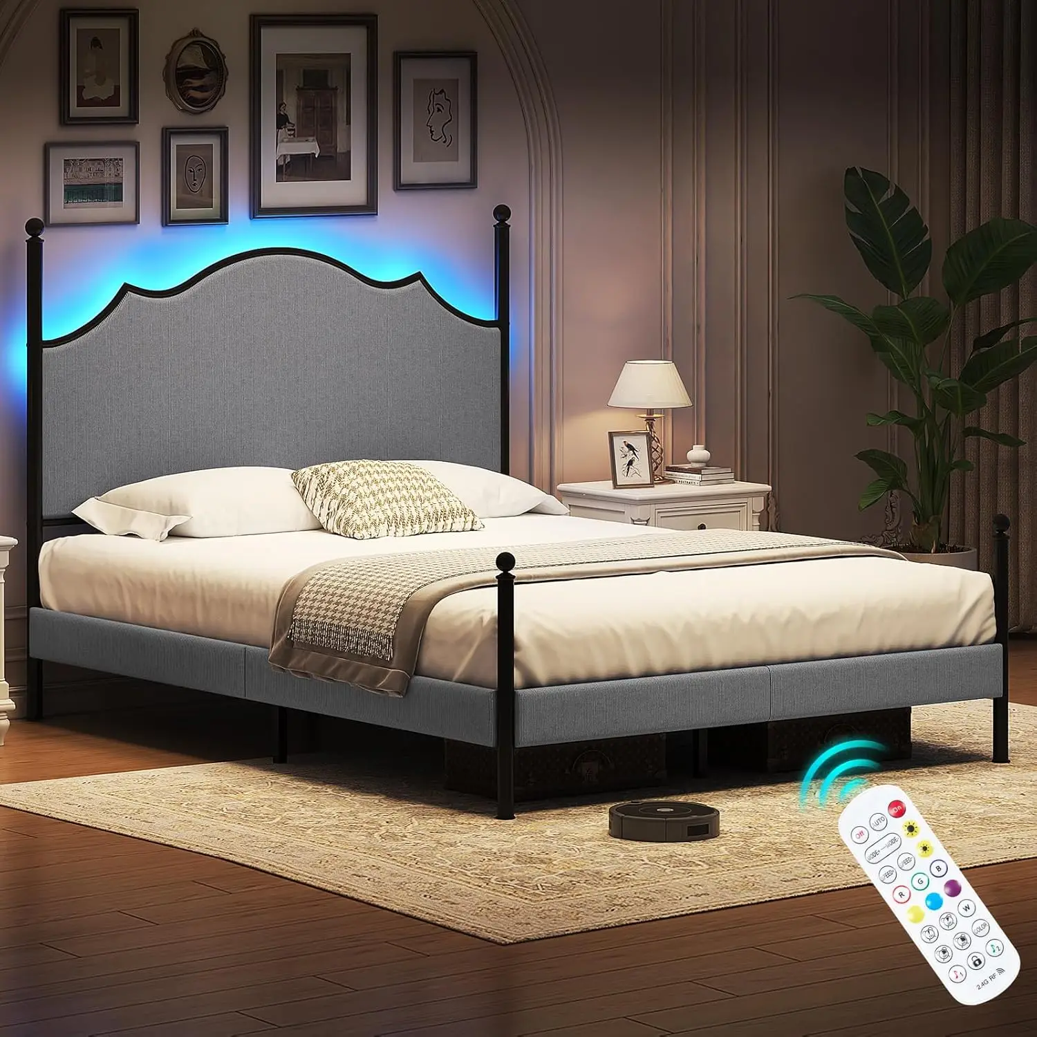 Queen Bed Frame with LED Light & Arch Headboard, Modern Corduroy Upholstered Platform Bed with Metal Poster, No Box Spring Neede