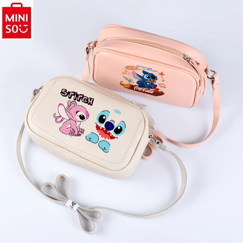 Bolsa Crossbody Miniso-Stitch para Estudante, Saco Quadrado Pequeno, PU, Doce e Fresco, Versátil Multi Funcional, Saco de Armazenamento, Ponto, Alta Qualidade