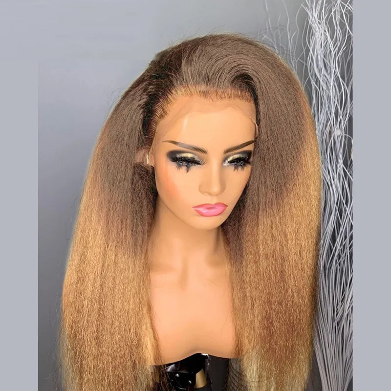 Perruque Lace Front Wig sans colle lisse crépue pour femmes noires, cheveux de bébé, blond ombré, doux, préplumé, degré de chaleur, long, densité 180, 26 po