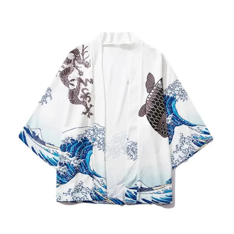 2026 Japanse kimono golfkarperjas voor heren en dames, groene traditionele Haori wollen trui met open kraag, Japanse zwarte strandjurk