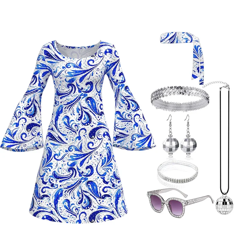 6070s Disco Outfit voor vrouwen Print Jurk Psychedelische Hippie Kostuum Set voor Halloween Party Cosplay Retro Jurk