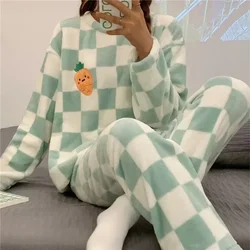 Night Flannel Pyjamas PJ Sets Autumn Suits Sleepwear Plaid Women Cartoon Kawaii Mujer Winter Girl Pijama Pajama Homewear Loung