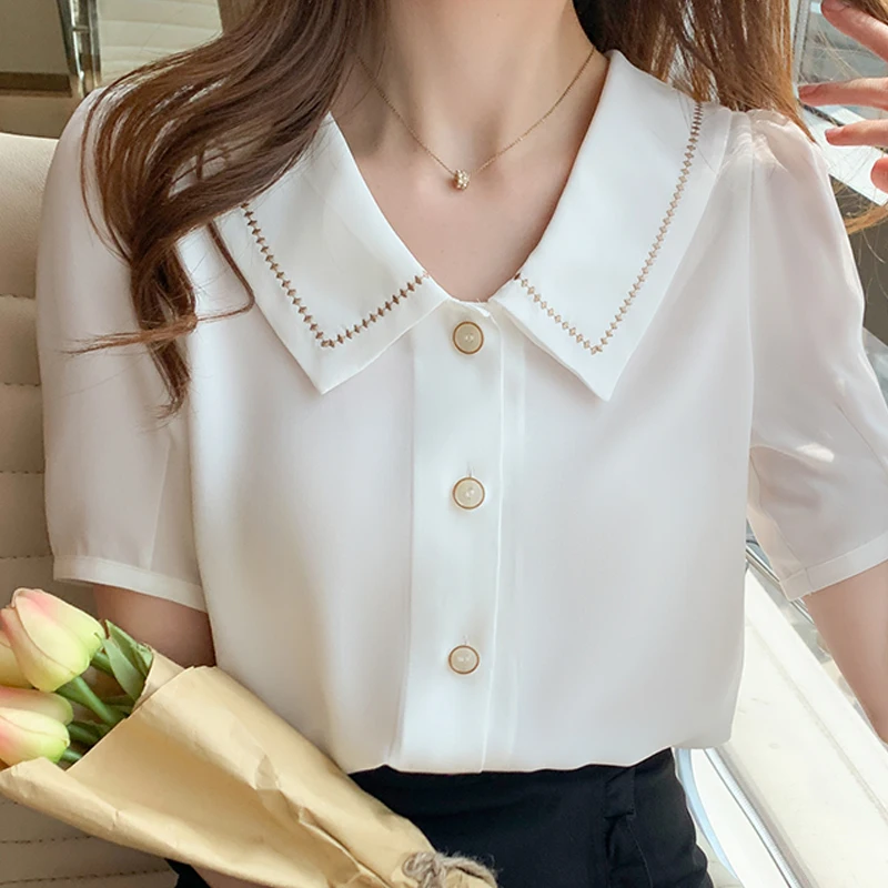 Blusas Blouses Femme Tops Women Turn Down Collar Blouse Women 2024Summer White Blouse Short Sleeve Chiffon Blouse Shirt E778