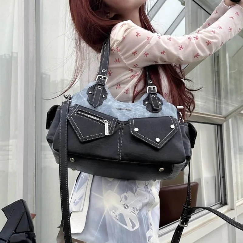 PU Women's Shoulder Bag with Denim Patchwork Large Capacity Crossbody Bag Casual Design Crossed Color Armpit Handbag