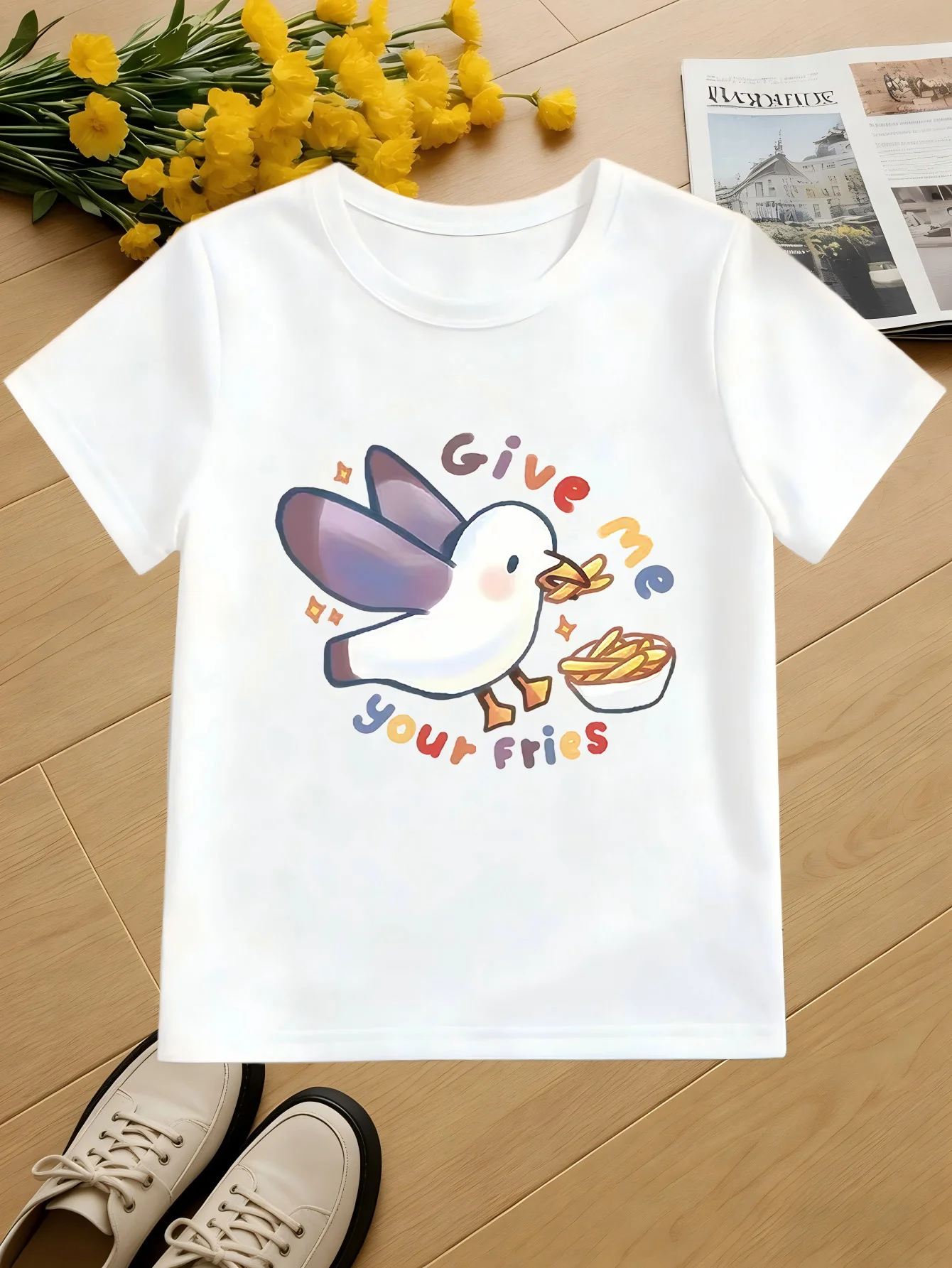 Funny White Seagull Snack Color Letter Cartoon Pattern Kids T Shirt Boys Girls Family Matching Summer Crew Neck Casual Tee