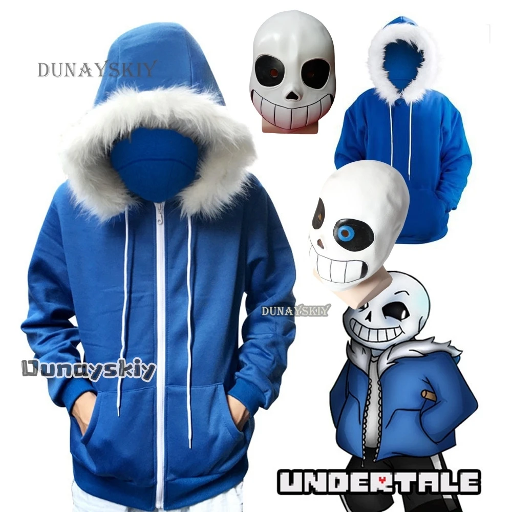 Undertale Sans Skeletons Cosplay Blue Hoodies Mask Bones Cos Blue Coat Halloween Cosplay Costume Unisex Cute Jacket Headgear