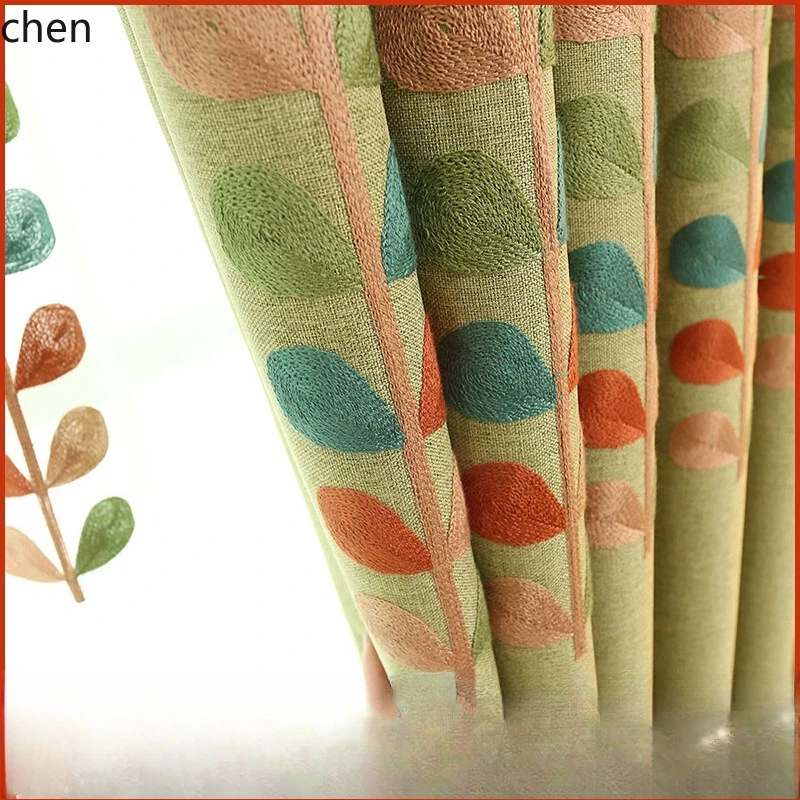 

HTT Custom Country Style Embroidered Cotton Linen Curtains Finished Blackout Living Room Bedroom Floor-to-Ceiling Bay Window