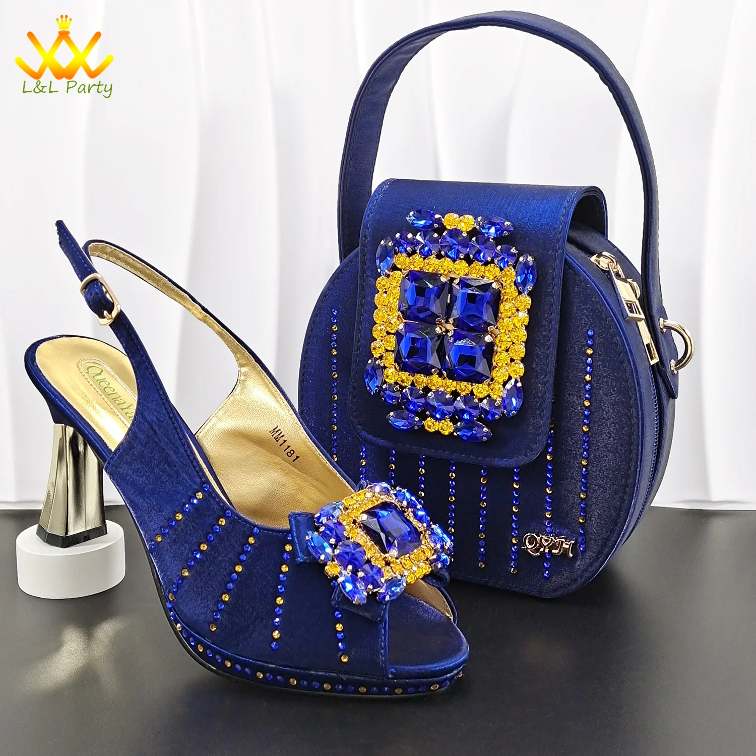 Super High Heels New Arrivals Fashion Special Design Nigerian Women Shoes and Bag Set in Royal Blue Color for Party