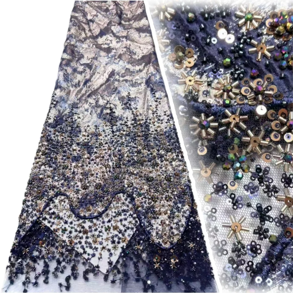 

Denim Blue Floral African Lace Fabric French Net Sequins Fabric Sewing Embroidered Lace Tulle Nigerian Lace Fabric 5 Yards 2034