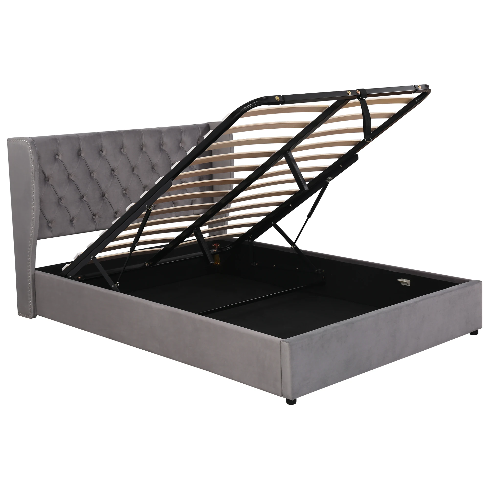 Lit coffre double 140x190 cm avec sommier à lattes et coffre hydraulique, velours gris, sans matelas