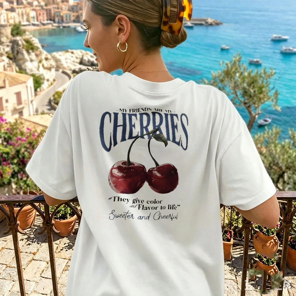 My Friends Are My Cherries Vintage Boxy Women Tee Sweet Fruit Slogan Top Cotton Blouse Best Friend Summer Vacation Gift