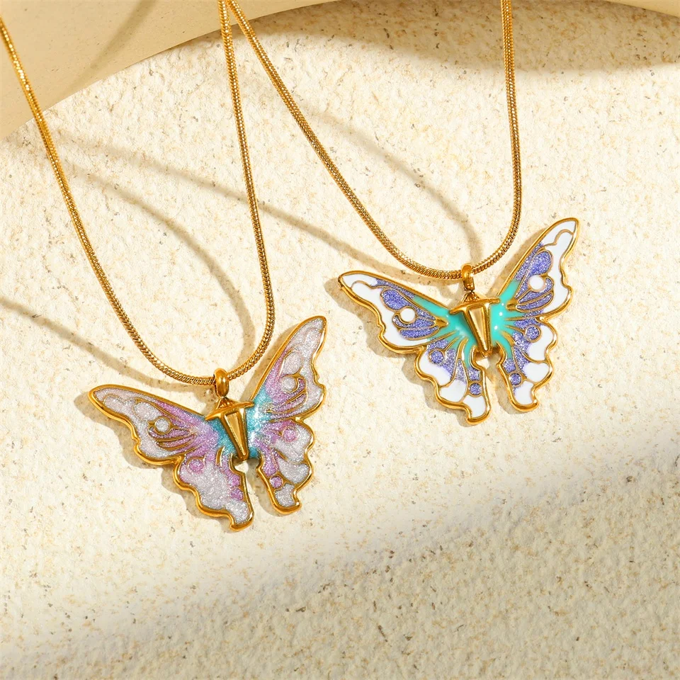 Fashion Butterfly Oil Drop Stainless Steel Pendant Necklaces For Women Men Gold Color Couple Necklace Party Daily Jewelry