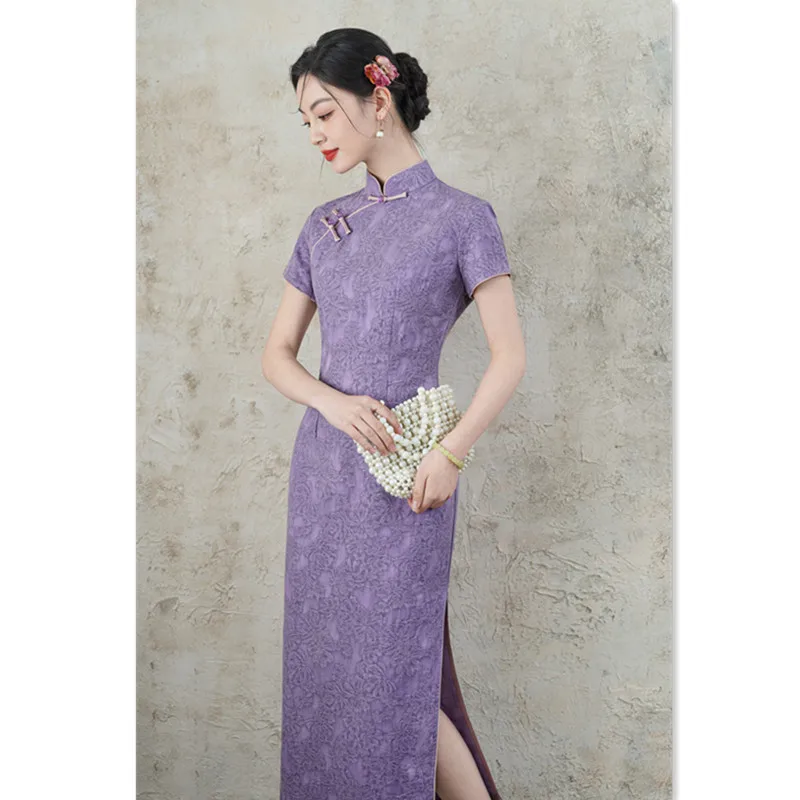 Yourqipao النمط الصيني مزاجه الأرجواني تحسين شيونغسام سليم الرجعية الأداء تشيباو مساء اللباس للنساء الطرف