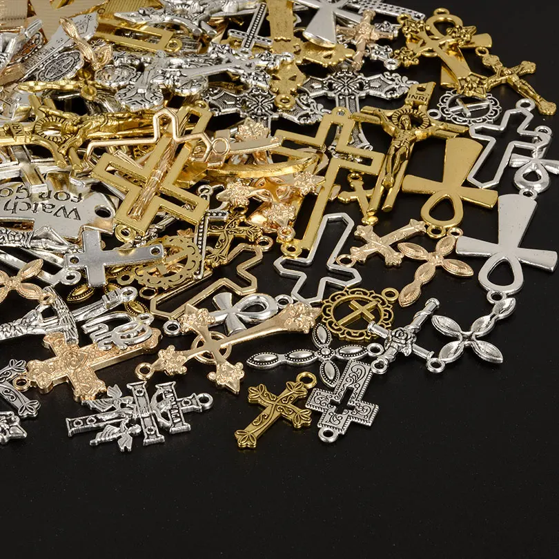 10-30pcs Religious Random Mix 3 Colors Cross Charm Metal Christian Jewelry Pendant Handmade Diy Earrings Keychain Accessories