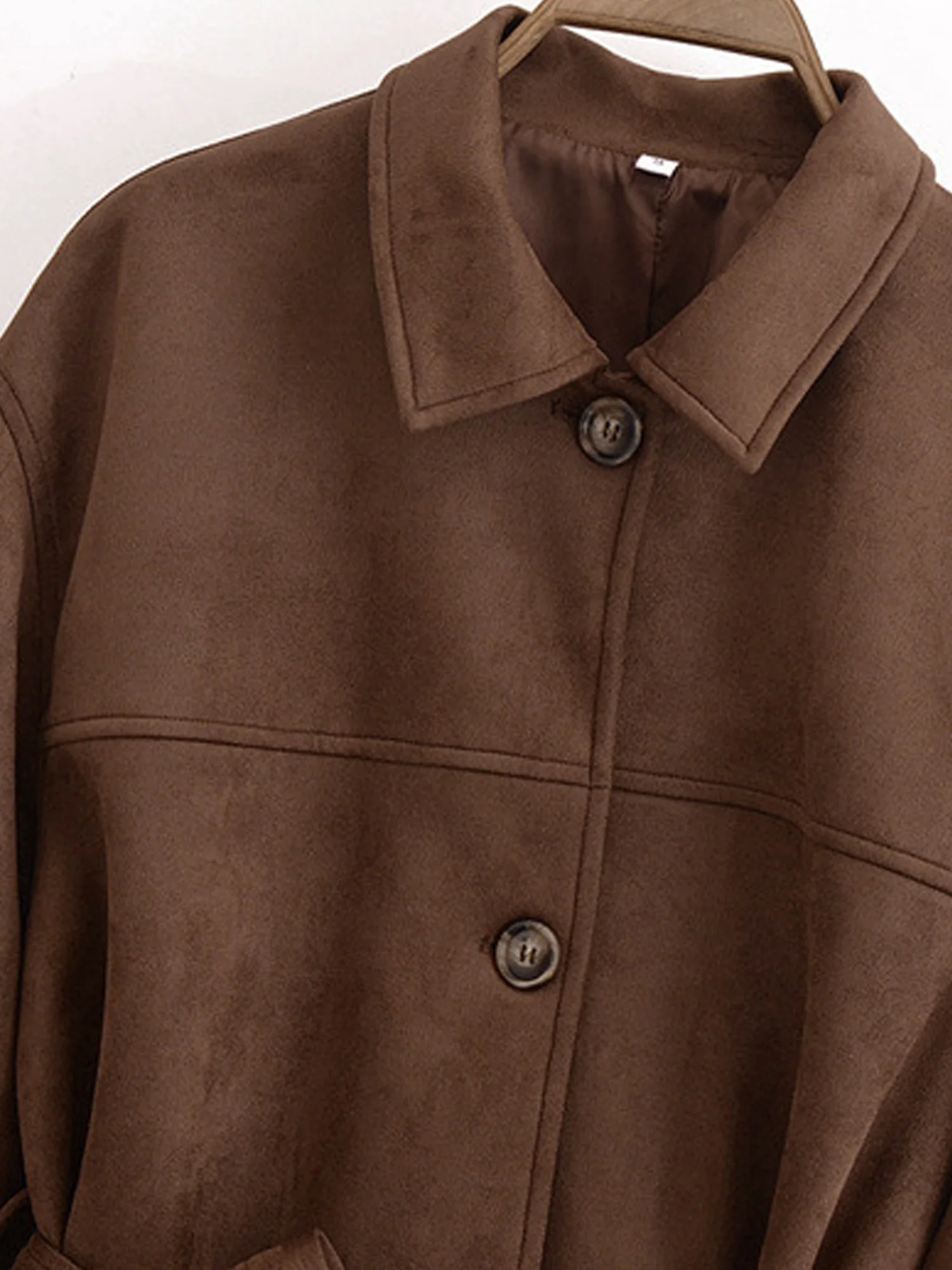 レディースレトロフェイクスエードジャケット、ベルト付き、ラペル、長袖、フロントボタンダウン、サイドポケット、ベルト付き、カジュアル、クロップドアウターコート