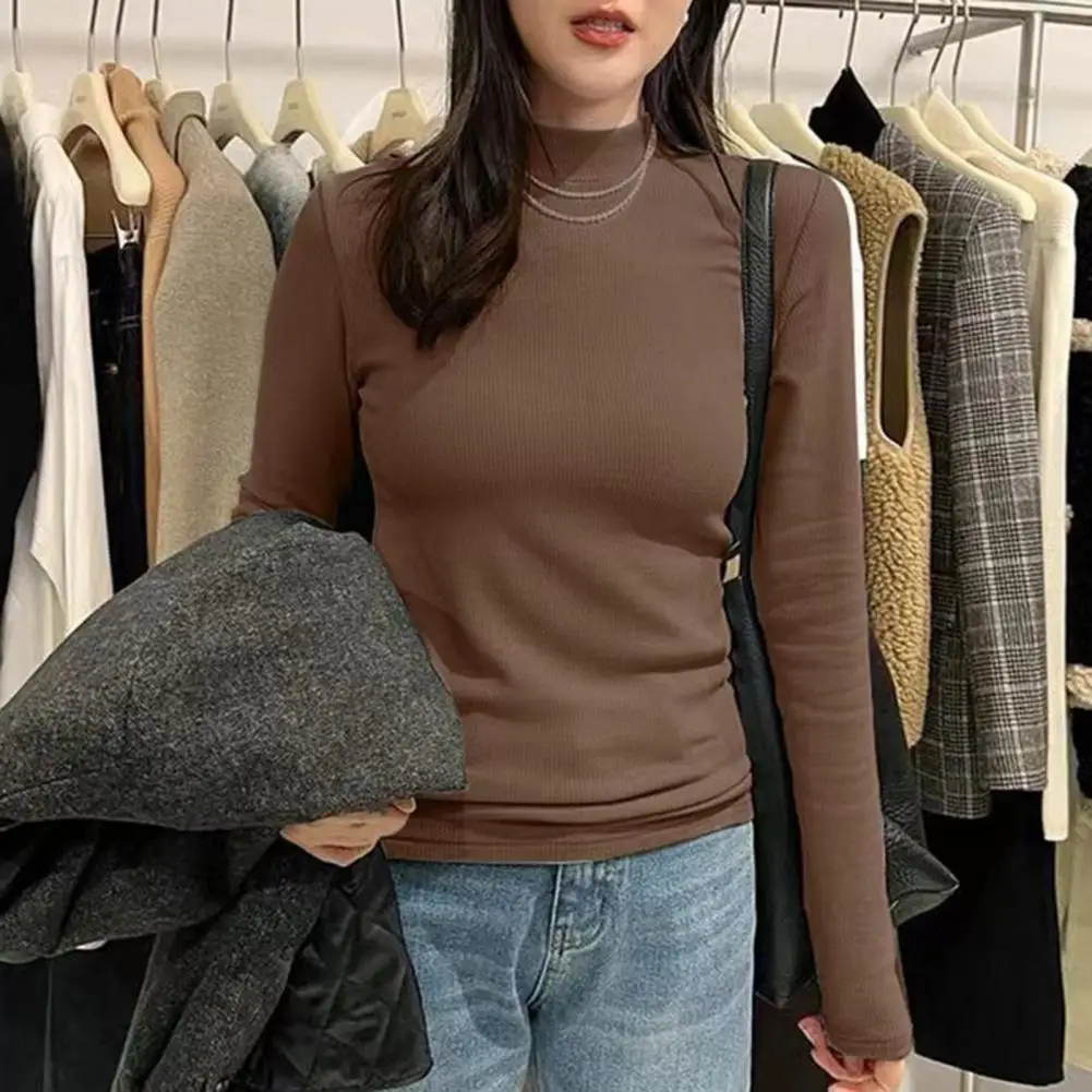 Atasan lengan panjang wanita, Sweater blus kerah berdiri elegan untuk musim gugur dan dingin, Pullover hangat lembut dengan Slim Fit warna Solid