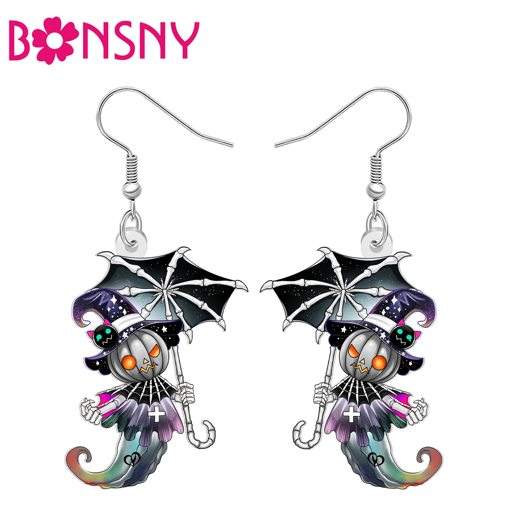 BONSNY Acrylic Spooky Pumpkin Ghost Earrings Magical Umbrella Witch Hat Skeleton Dangle Gothic Jewelry Halloween Gifts For Women
