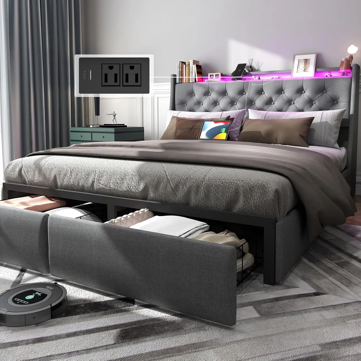Queen Size Bed Frame with Charging Station and Headboard, Upholstered Button Tufted Platform Queen Bed with 2 Storage Drawers an
