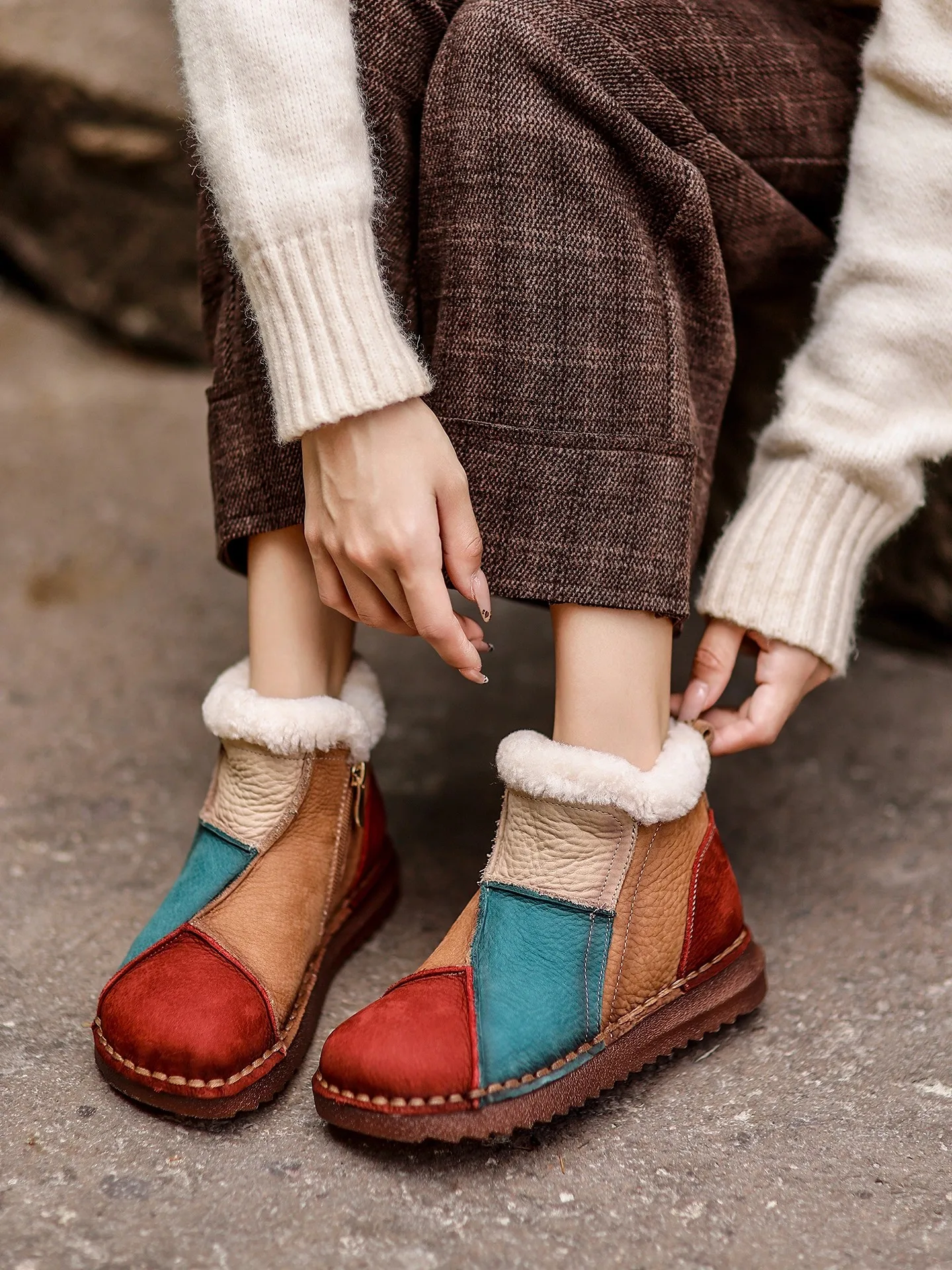 

2025 New Fur Platform Women Ankle Boots Flats Genuine Leather Warm Shoes Woman Mixed Colors Brand Short Plush Femme Snow Botas