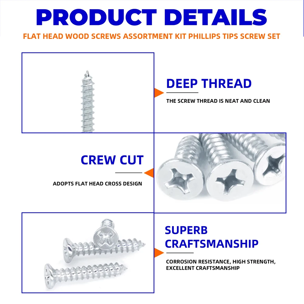 500pcs Flat Head Wood screws Assortment kit Phillips Tips screw set M2x4 M2x5 M2x6 M2x8 M2x10 Self-tapping Screws Wood Screw