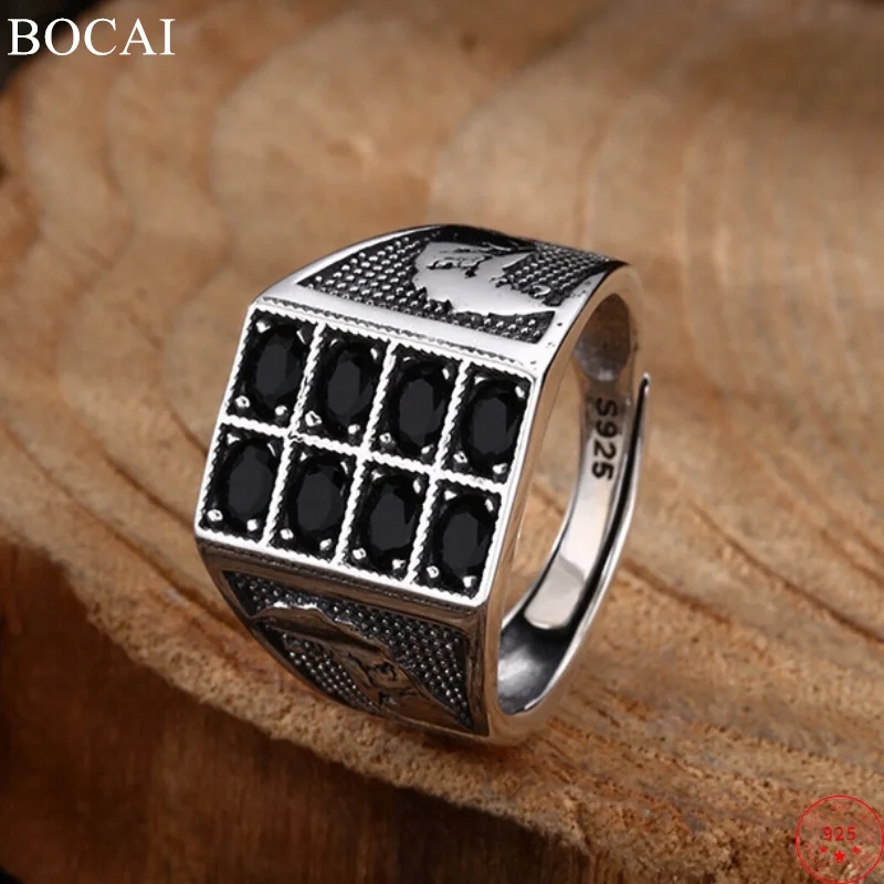 

BOCAI S925 Sterling Silver Rings for Men Women Ancient Pattern Inlaid Black Zircon New Fashion Punk Jewelry Free Shipping