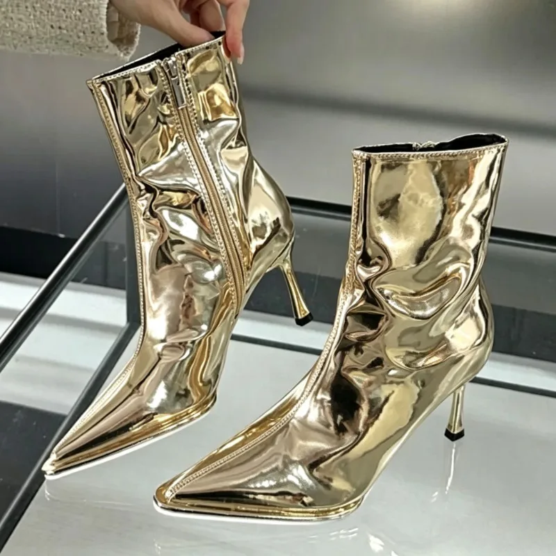 Fashion Metallic Upper Stiletto Chelsea Boots Women Unique Side-Zip Pointed-Toe Ankle Boots Street Style Designer Modern Boots