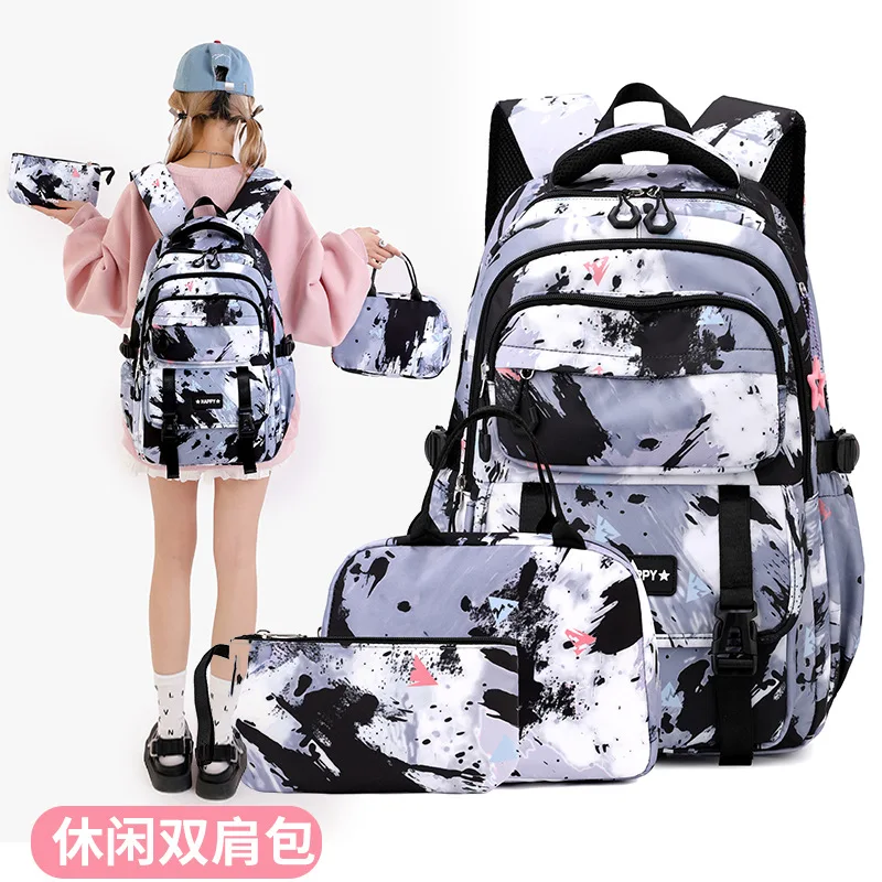ZIRANU Happy Large Capacity School Bag Tie Dye Printed Backpack With Lunch Bag And Pencil Case For Teenagers