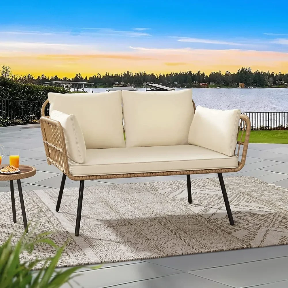

Loveseat Patio Sofa,All-Weather Wicker Loveseats Patio Sectional Furniture with Cushions & Lumbar Pillows - Beige
