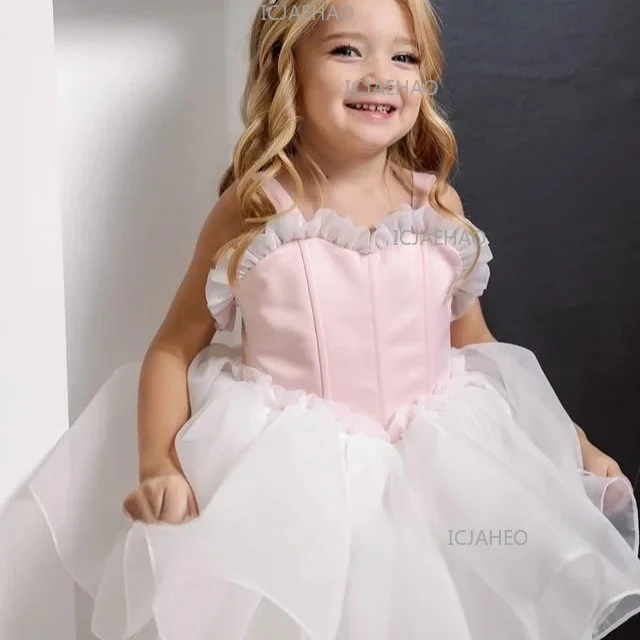 

Girls' Pink Spaghetti Strap Princess Dress New Style Kids Ruffled Tulle Puffy Flower Girl Formal Gown Children Clothes