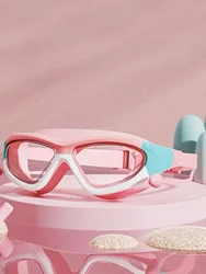 Children's High-definition Waterproof And Anti Fog Swimming Large Frame Glasses, Convenient Goggles Silicone Connected Earplugs