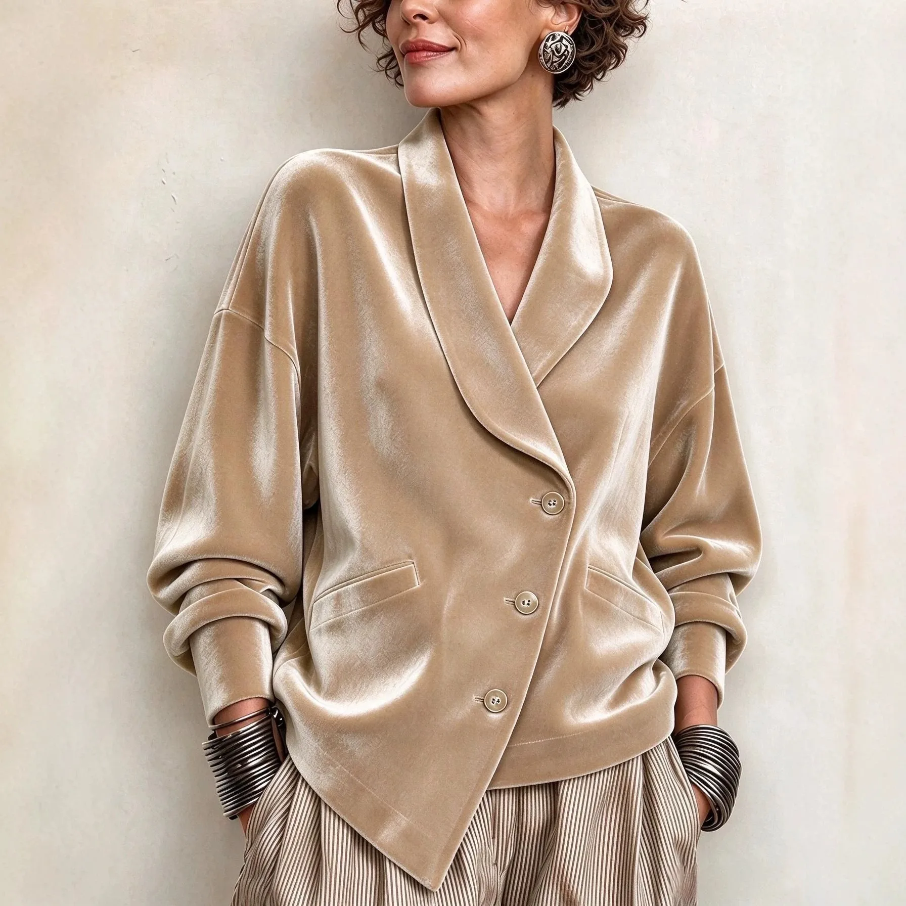 Button Front Long Sleeves Top Relaxed Fit French Style with Elegant Style Autumn Regular Length Autumn Winter Jacket Women