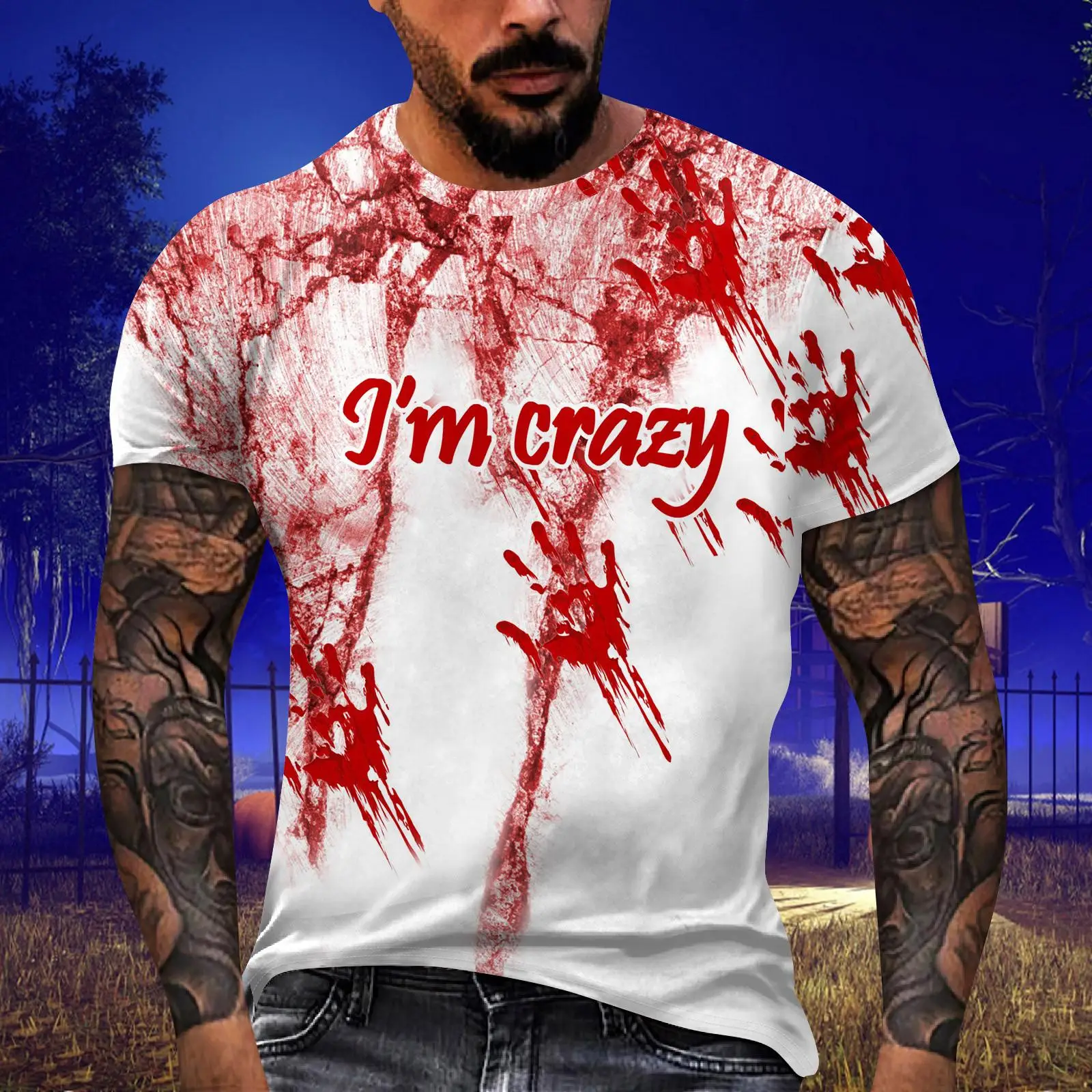 W Halloween Day Horror Hip Hop Blood 3d Hd Printed T-Shirt Street Fashion Creative Festive Atmosphere Loose Short Sleeve Outfit