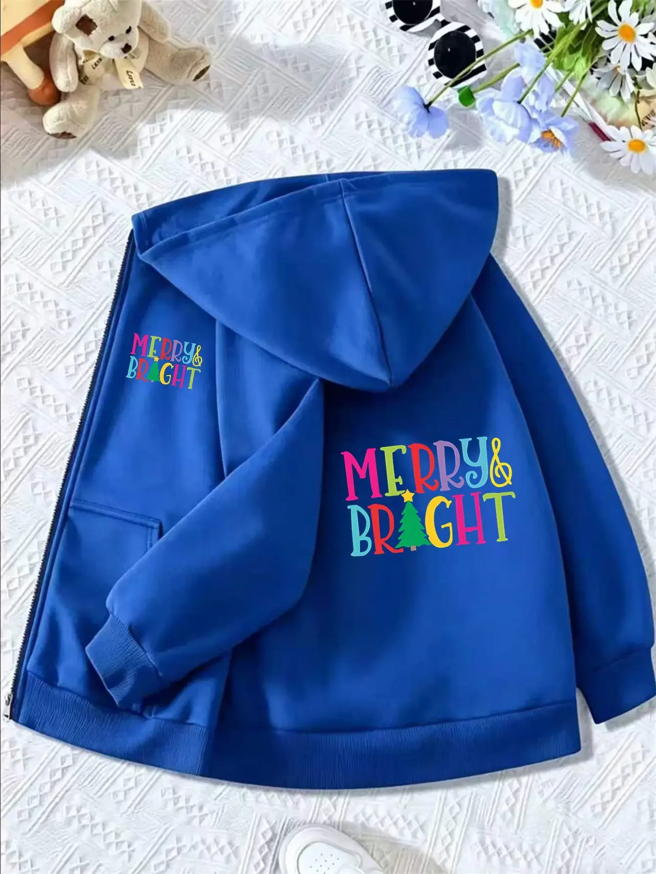 Kids Zip Up Hoodie Merry & Bright Christmas Graphic Print Autumn Winter Fleece Lined Warm Casual Holiday Hooded Sweatshirt
