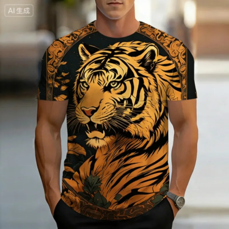 2026 Black and White Tiger Pattern Men's Printed T-shirt Summer Casual Men's Beach Animal Short Sleeve Top