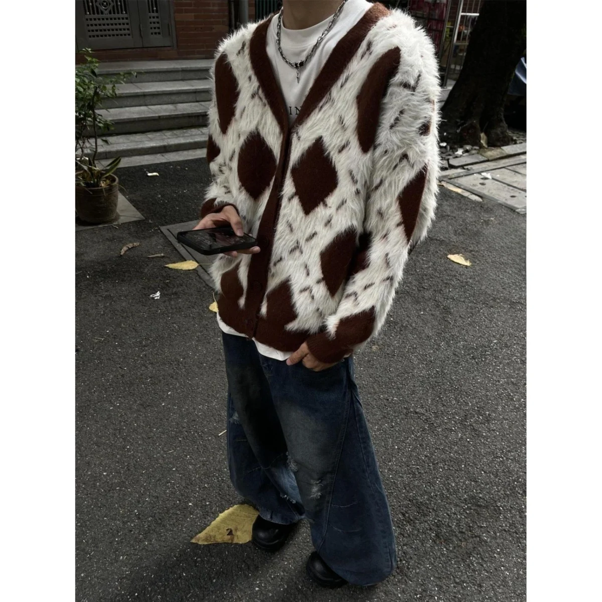 

Американский вязаный кардиган с V-образным вырезом, свободный повседневный мужской свитер, унисекс, из полиэфирного волокна, с длинными рукавами