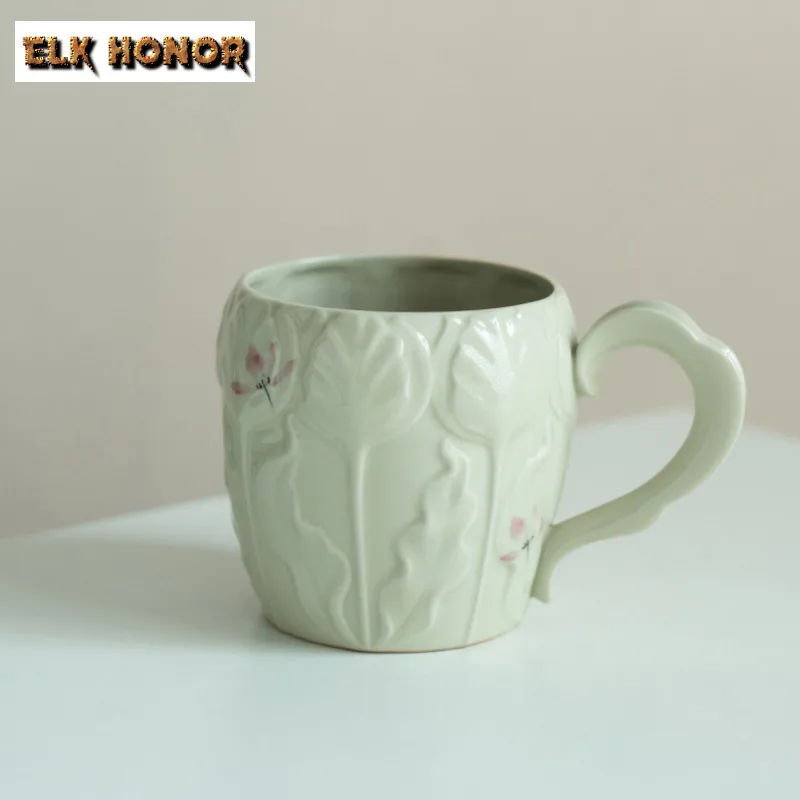 

400ml Plant Ash Hand-painted Pink Orchid Coffee Mug Latte Cereal Mug Afternoon Tea Mug Office Water Cup Cafes Ornaments Supplies