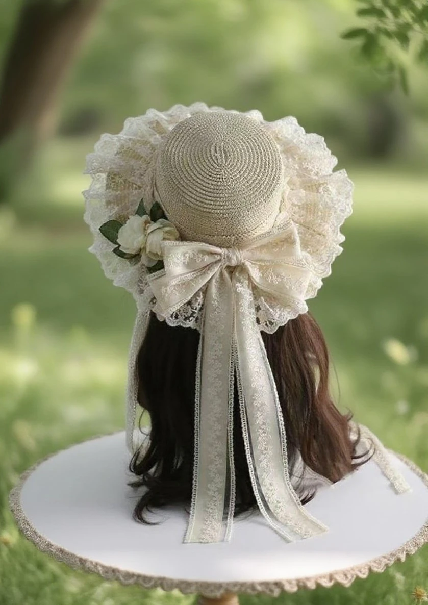 

Японская соломенная шляпа Mori Pastoral Lo Girl, мягкая соломенная шляпа для девочек, кукла, кружевной двойной бант, стример, цветок, соломенная шляпа Лолиты, морской отдых, ветер